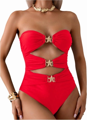Milumia Women's Metal Starfish Cut Out Strapless Bathing Suit Ruched Bandeau Tube Top One Piece Swimsuits