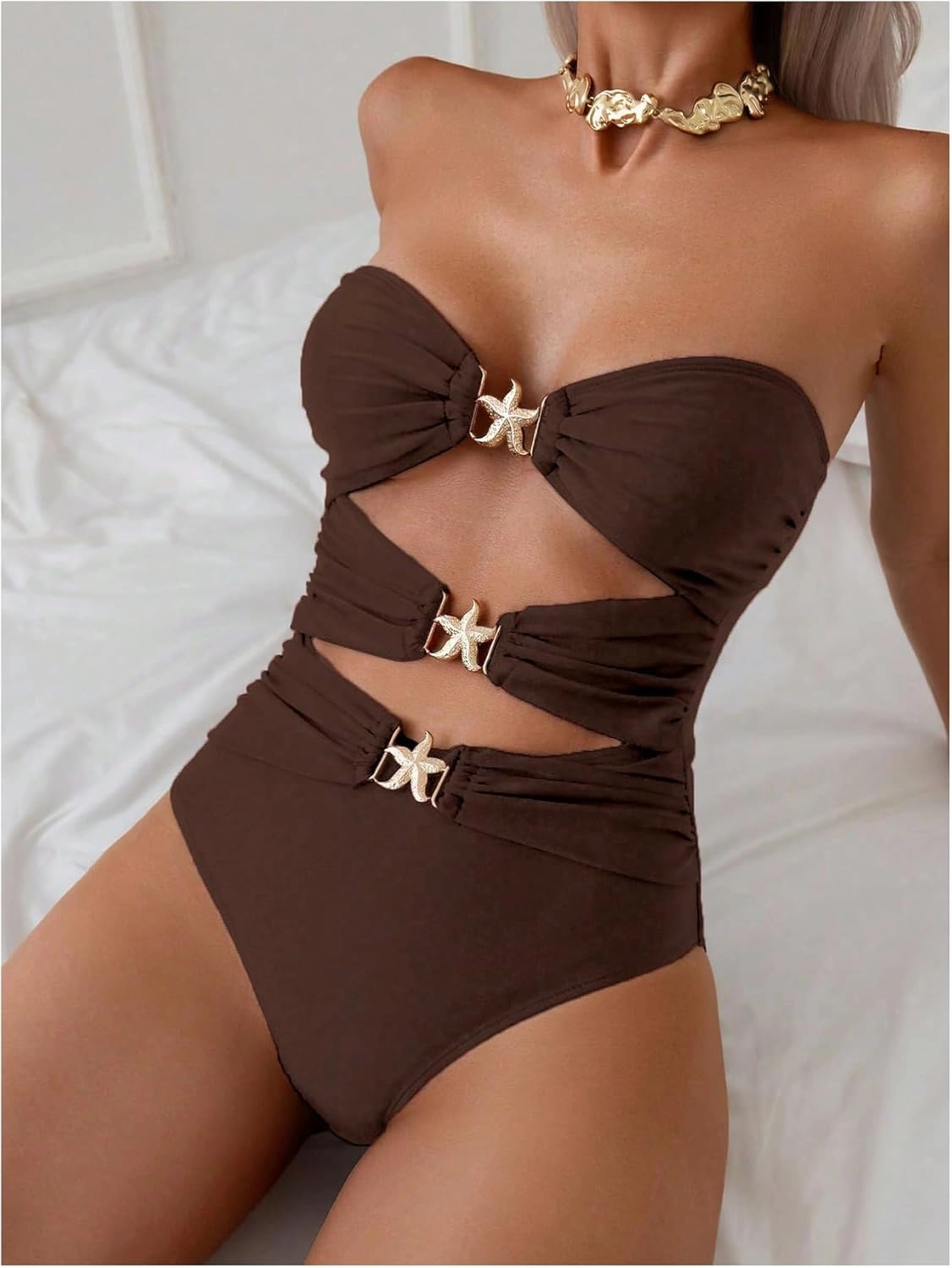 Milumia Women's Metal Starfish Cut Out Strapless Bathing Suit Ruched Bandeau Tube Top One Piece Swimsuits