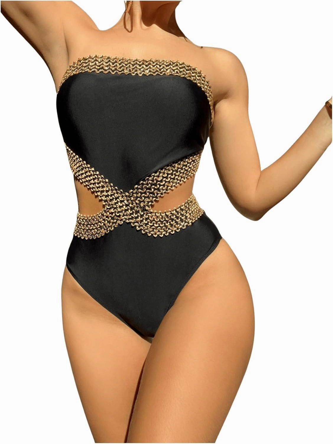 Milumia Women's Stitch Detail Strapless One Piece Swimsuit Cut Out Bandeau Bathing Suit