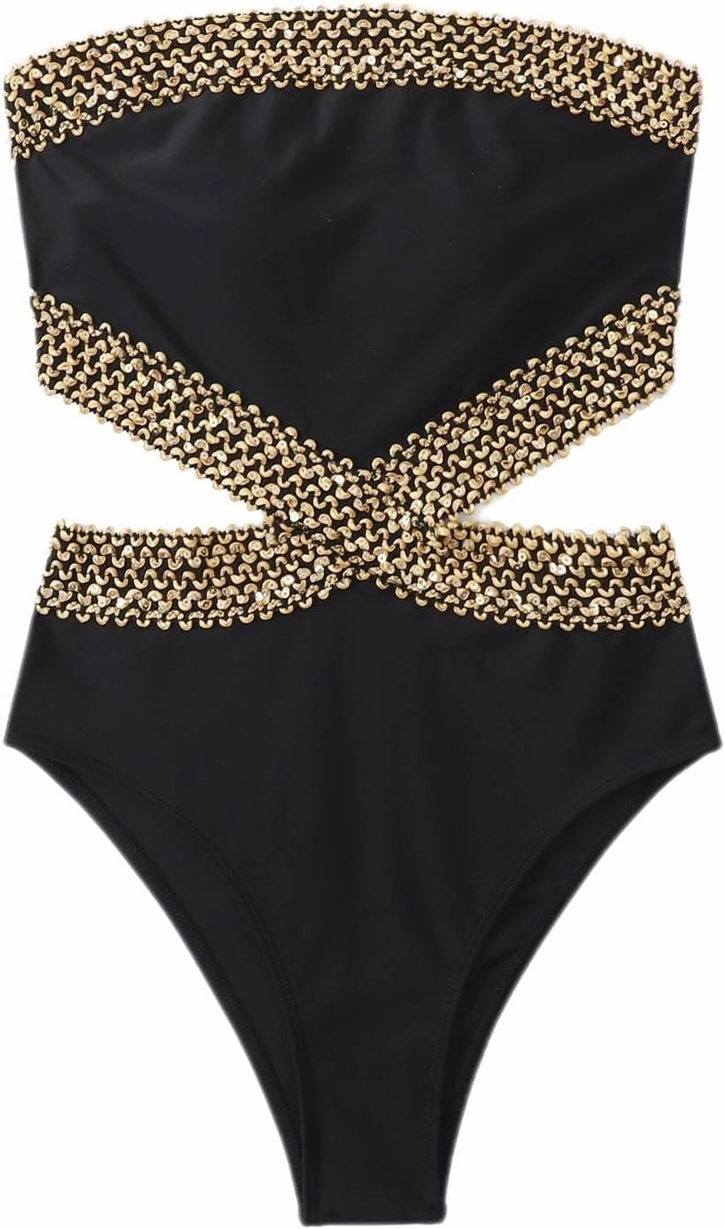 Milumia Women's Stitch Detail Strapless One Piece Swimsuit Cut Out Bandeau Bathing Suit