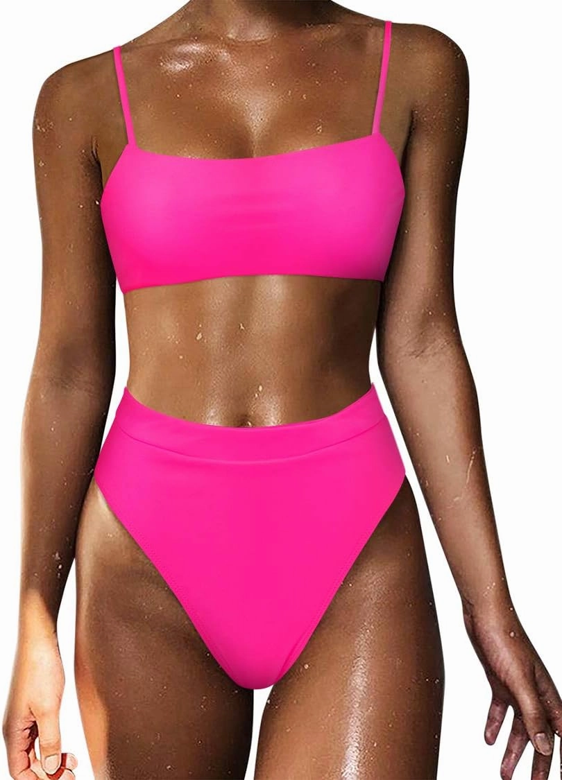 MOSHENGQI Women High Wasited Bikini Shoulder Strap 2 Piece High Cut String Swimsuits