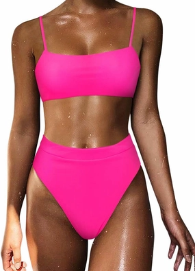 MOSHENGQI Women High Wasited Bikini Shoulder Strap 2 Piece High Cut String Swimsuits