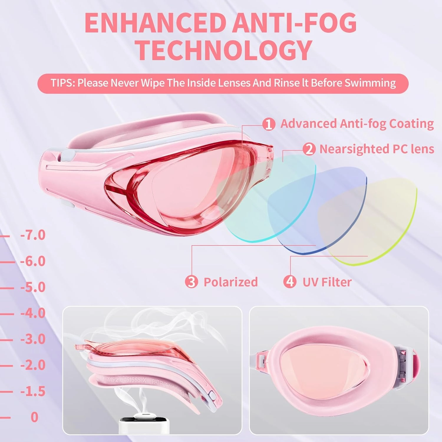 Nearsighted Swim Goggles, Anti-Fog, Dual Strap, Auto Buckle, Short Sighted Swimming Goggles for Men Women Adult Junior