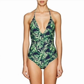 Nina Plunging V-Neck One-Piece Swimsuit In Palm Forest Navy