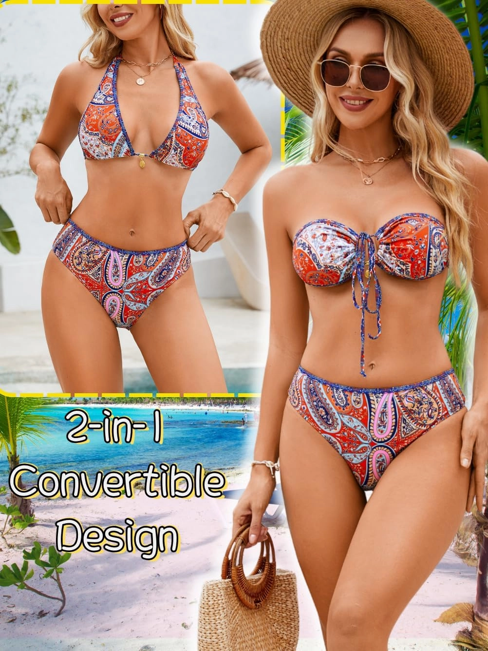 O-Ring Tie-Front Bandeau Bikini Sets for Women,Shell Ruched Top&Mid-Rise Bottom Boho Two Piece