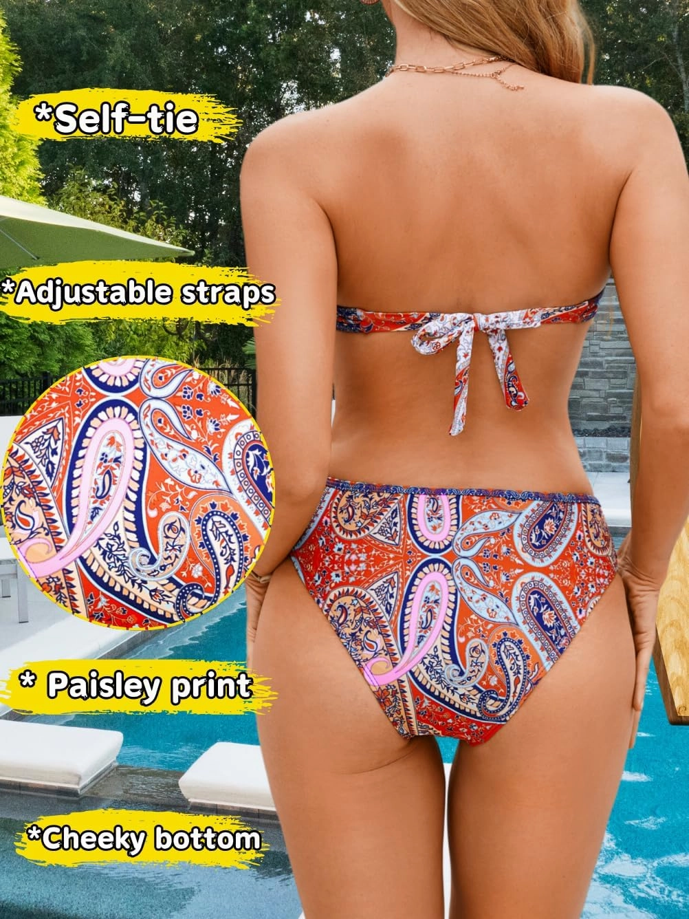 O-Ring Tie-Front Bandeau Bikini Sets for Women,Shell Ruched Top&Mid-Rise Bottom Boho Two Piece