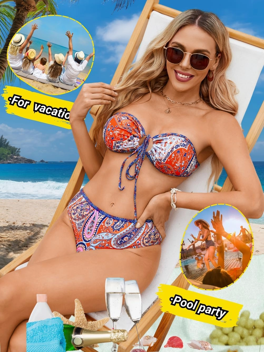 O-Ring Tie-Front Bandeau Bikini Sets for Women,Shell Ruched Top&Mid-Rise Bottom Boho Two Piece