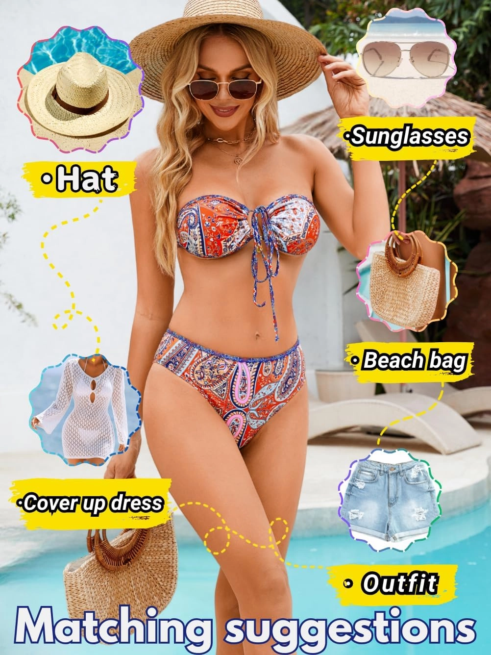 O-Ring Tie-Front Bandeau Bikini Sets for Women,Shell Ruched Top&Mid-Rise Bottom Boho Two Piece