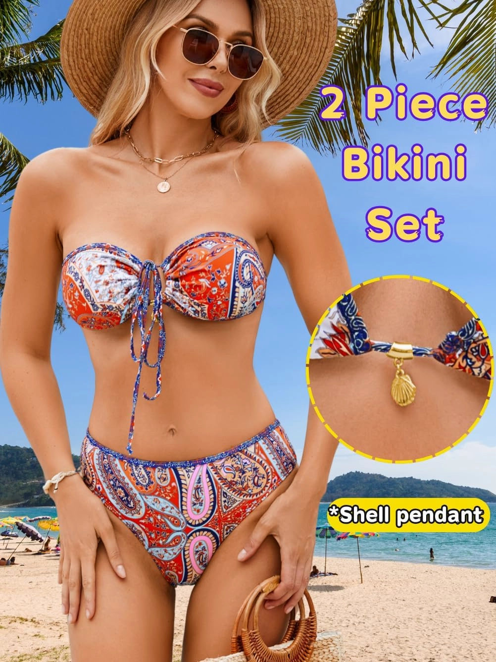 O-Ring Tie-Front Bandeau Bikini Sets for Women,Shell Ruched Top&Mid-Rise Bottom Boho Two Piece