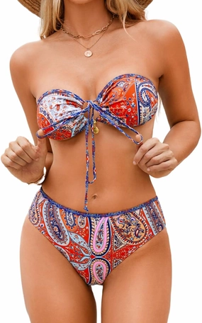 O-Ring Tie-Front Bandeau Bikini Sets for Women,Shell Ruched Top&Mid-Rise Bottom Boho Two Piece