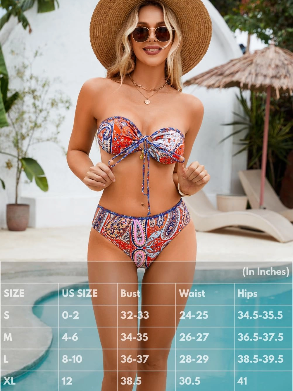 O-Ring Tie-Front Bandeau Bikini Sets for Women,Shell Ruched Top&Mid-Rise Bottom Boho Two Piece
