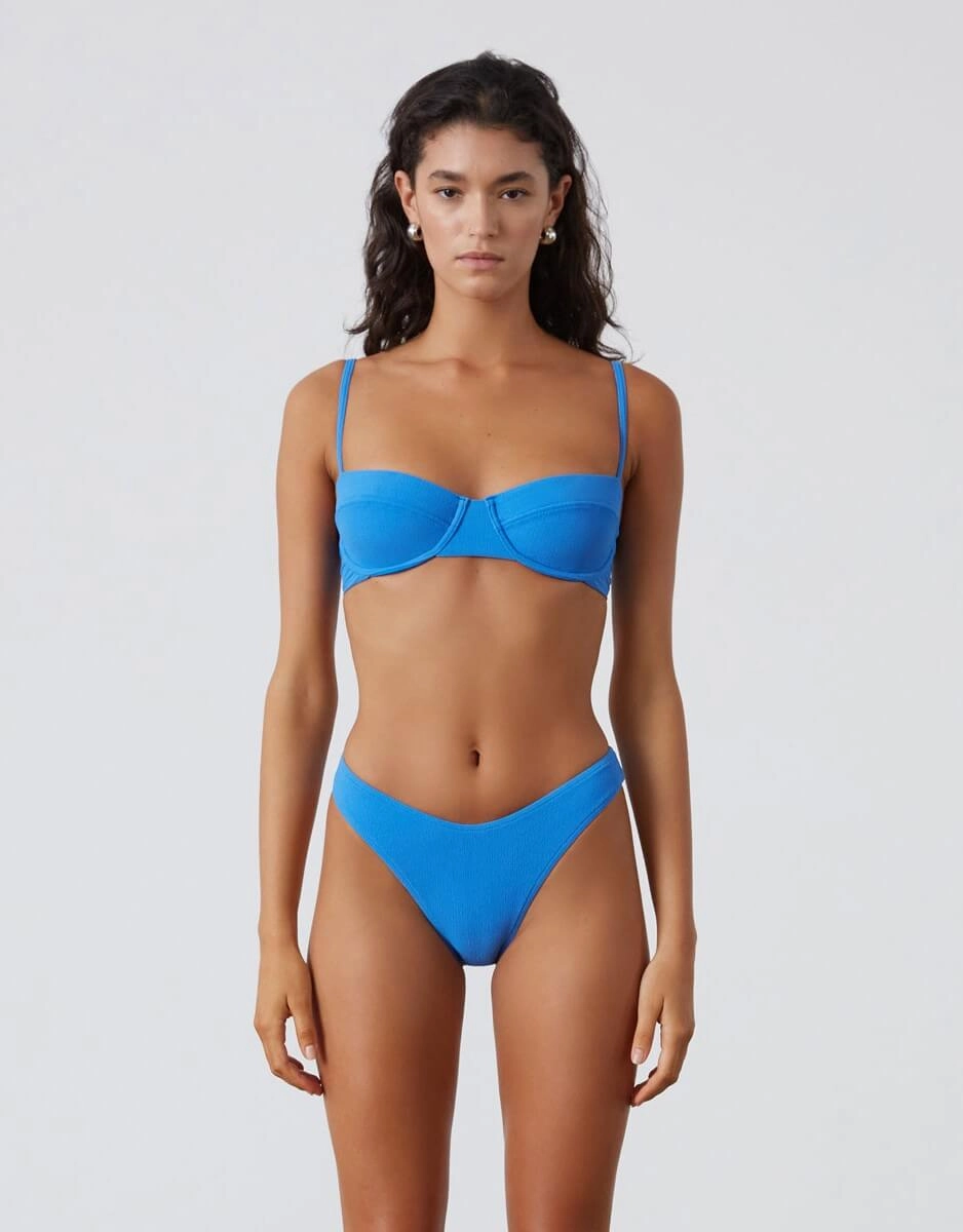 Ocean Blue Textured Curve Brief Bikini Bottom