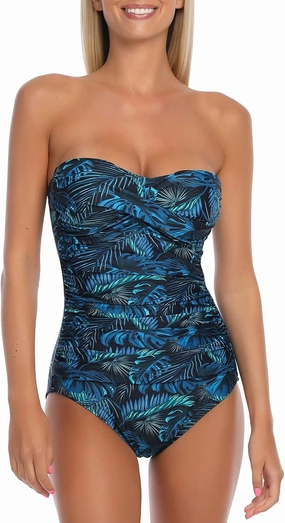 Ocean Blues Womens Bandeau One Pieces Swimsuit Molded Cups Shirring Tummy Control Bathing Suit