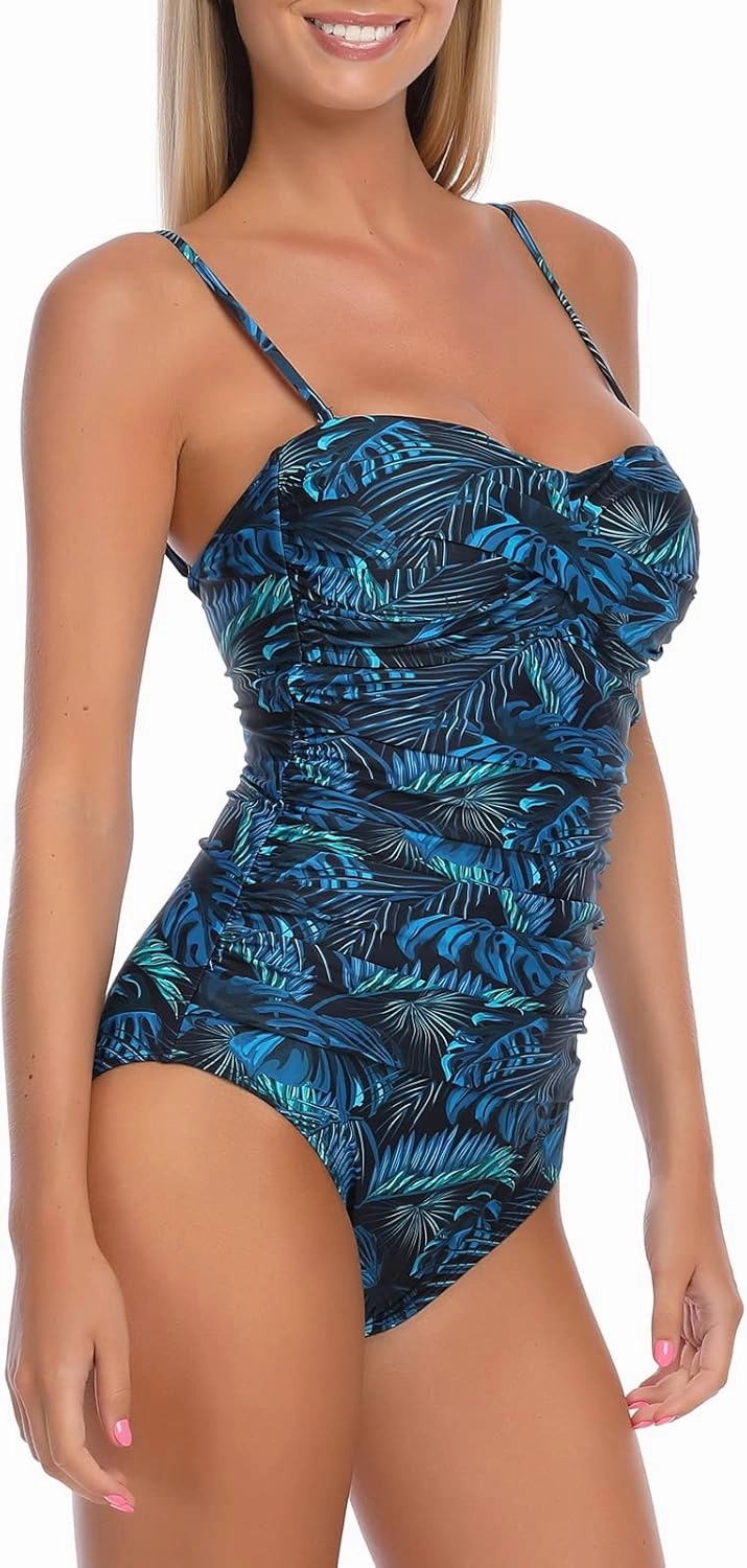 Ocean Blues Womens Bandeau One Pieces Swimsuit Molded Cups Shirring Tummy Control Bathing Suit