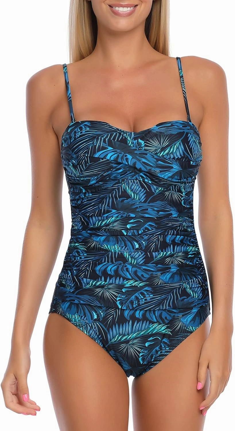 Ocean Blues Womens Bandeau One Pieces Swimsuit Molded Cups Shirring Tummy Control Bathing Suit