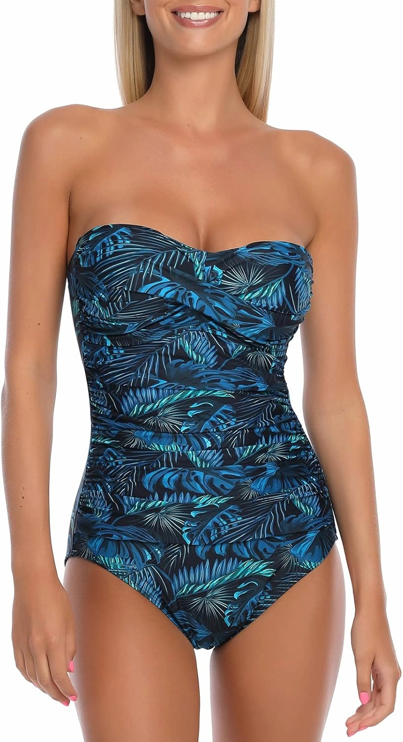 Ocean Blues Womens Bandeau One Pieces Swimsuit Molded Cups Shirring Tummy Control Bathing Suit