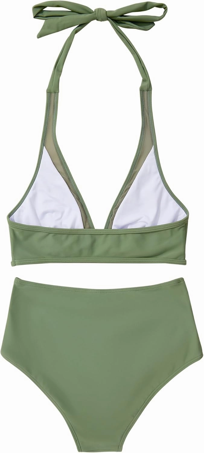 OMKAGI Women Mesh High Waisted Bikini Set Sexy V Neck Tummy Control Swimsuit Bathing Suit