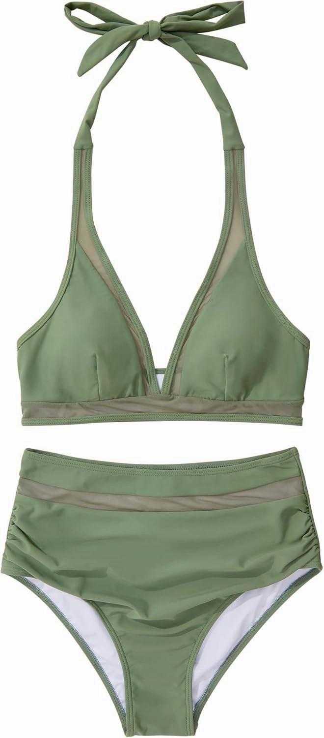 OMKAGI Women Mesh High Waisted Bikini Set Sexy V Neck Tummy Control Swimsuit Bathing Suit