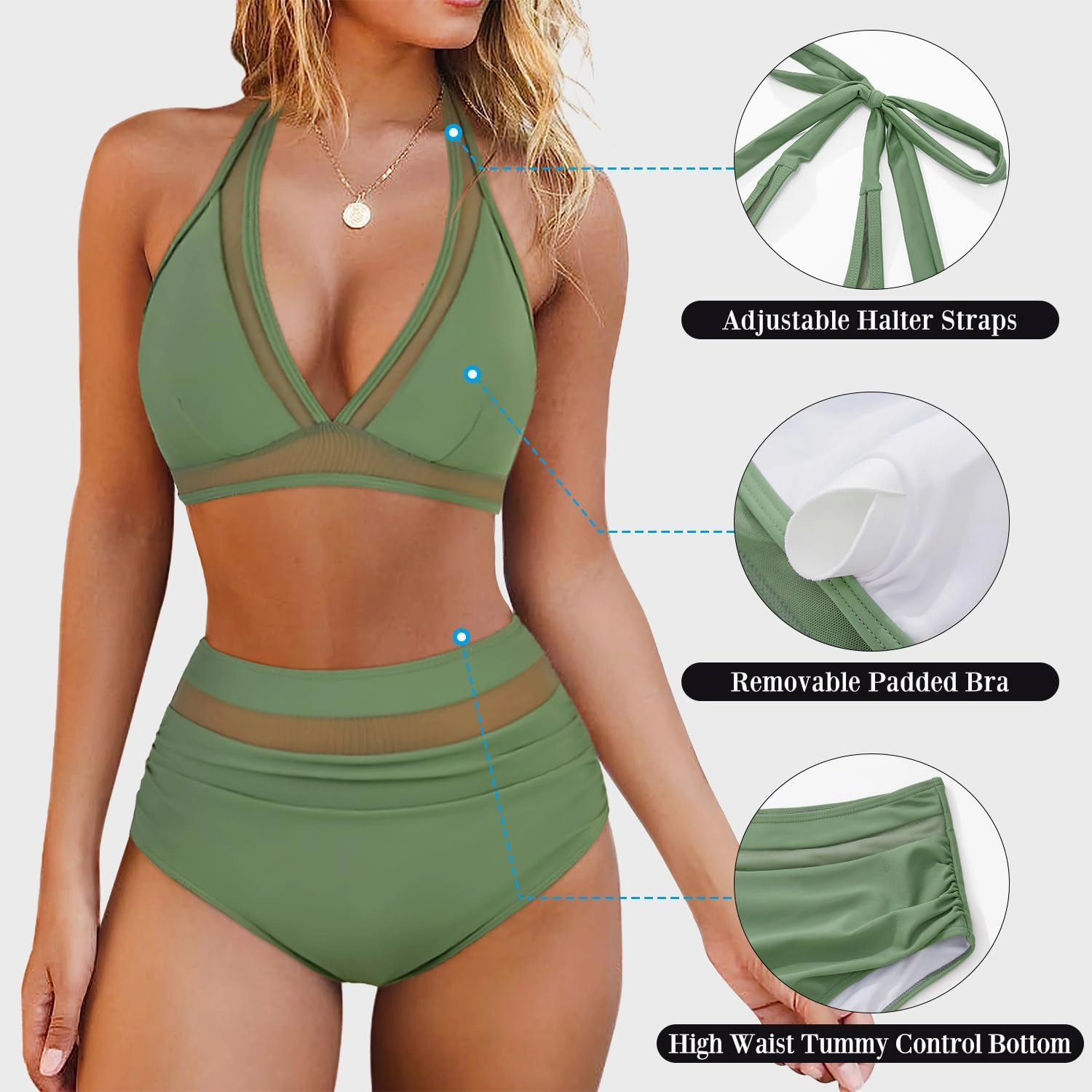 OMKAGI Women Mesh High Waisted Bikini Set Sexy V Neck Tummy Control Swimsuit Bathing Suit