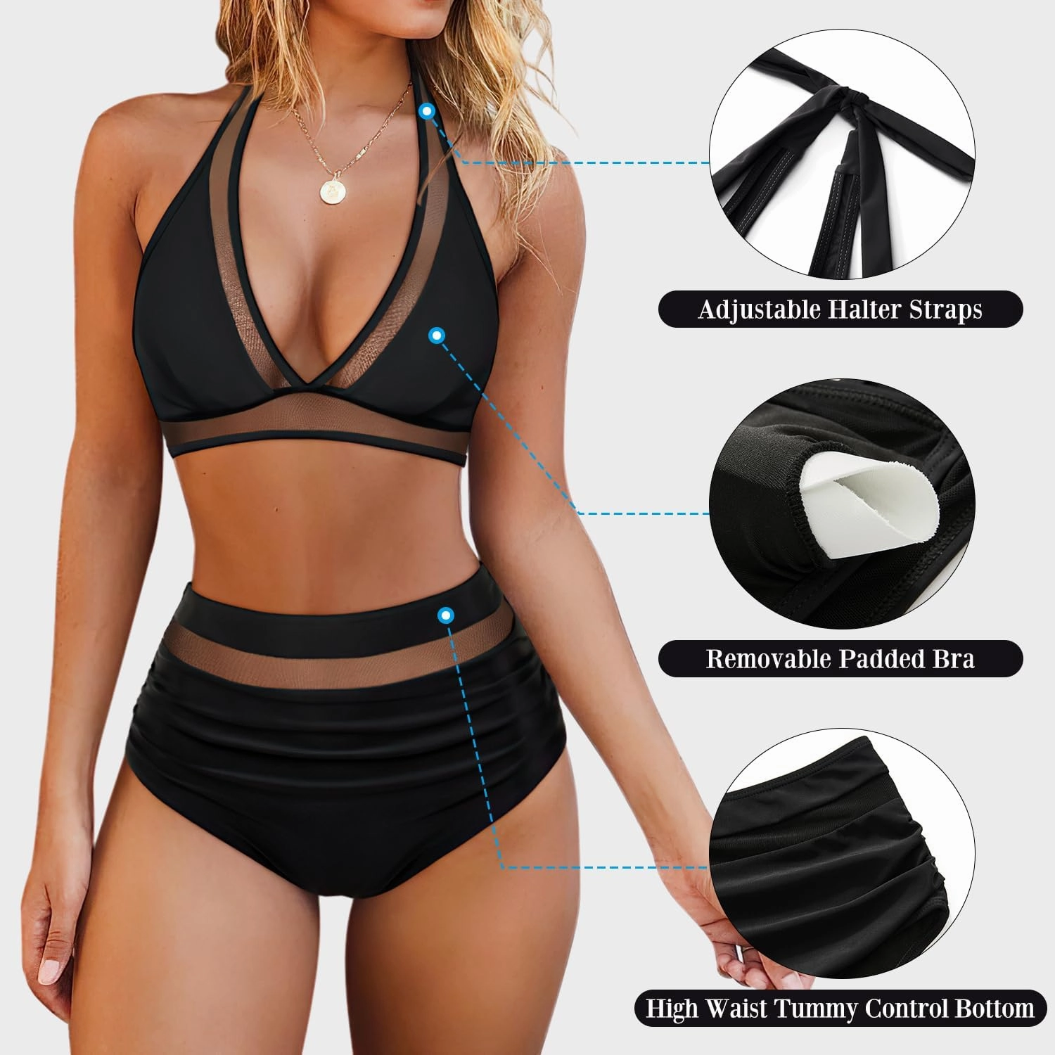 OMKAGI Women Mesh High Waisted Bikini Set Sexy V Neck Tummy Control Swimsuit Bathing Suit