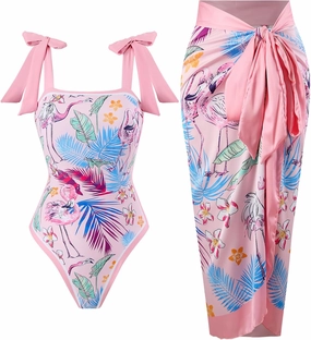 One Piece Bathing Suit for Women with Beach Cover up Wrap Skirt Swimsuit Sarong Retro Floral Print Bikini Set