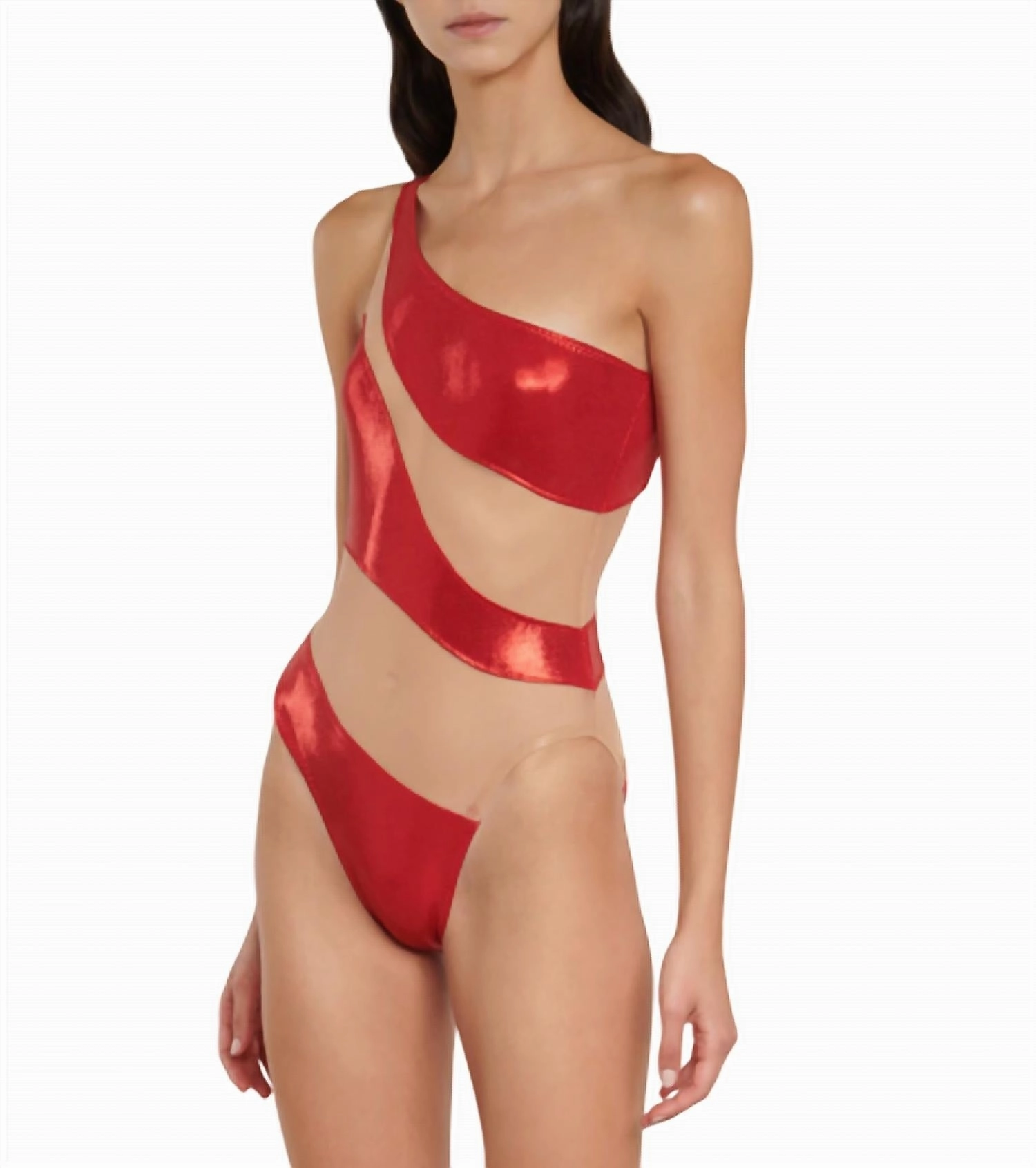 One Piece Snake Mesh One Shoulder Swimsuit In Red