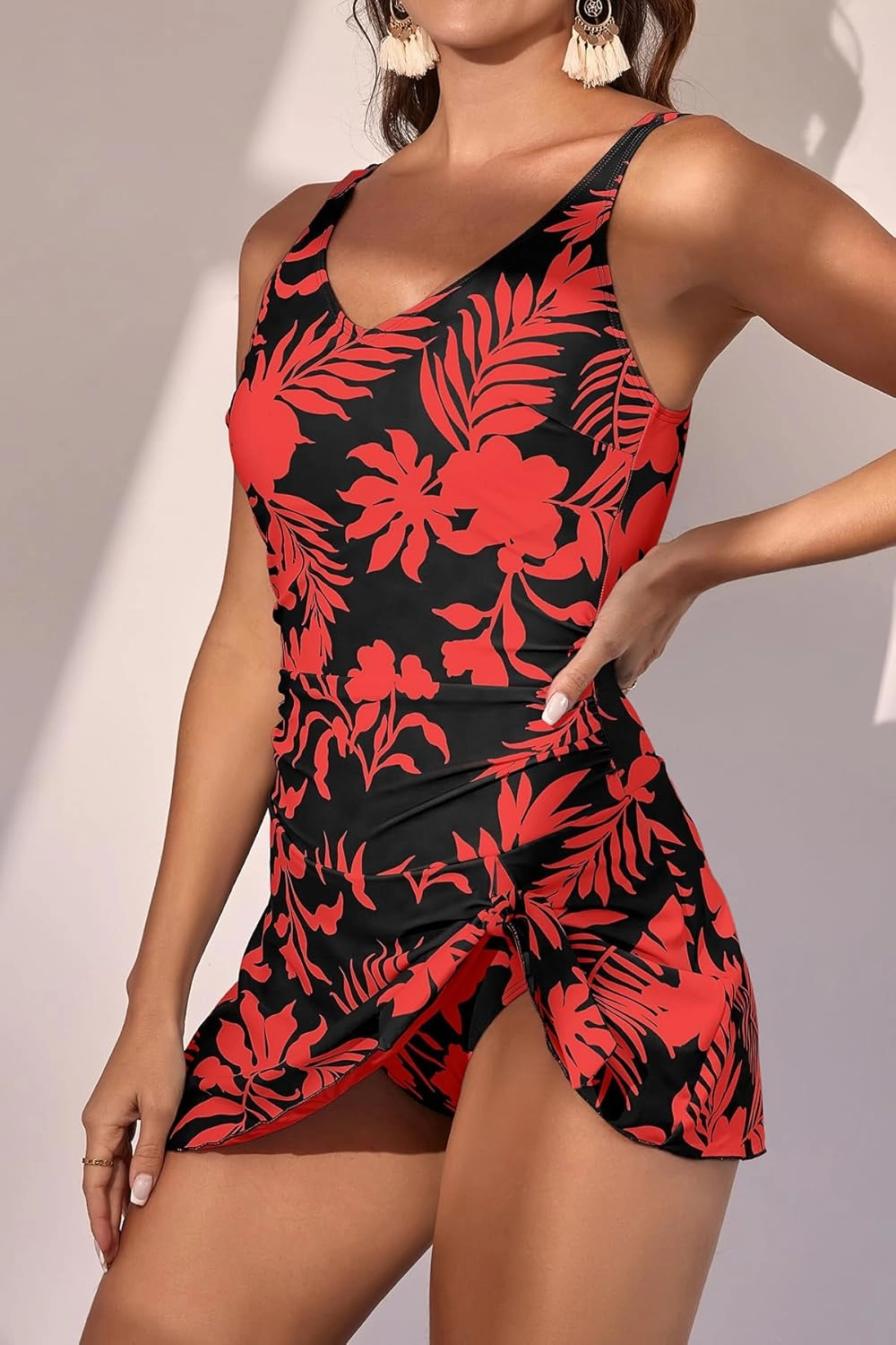 One Piece Swim Dress Swimsuits for Women Tummy Control Swimdress Skirt V Neck Bathing Suit