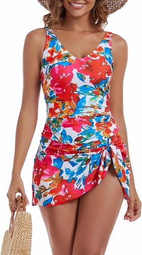 One Piece Swim Dress Swimsuits for Women Tummy Control Swimdress Skirt V Neck Bathing Suit