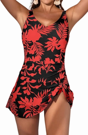 One Piece Swim Dress Swimsuits for Women Tummy Control Swimdress Skirt V Neck Bathing Suit