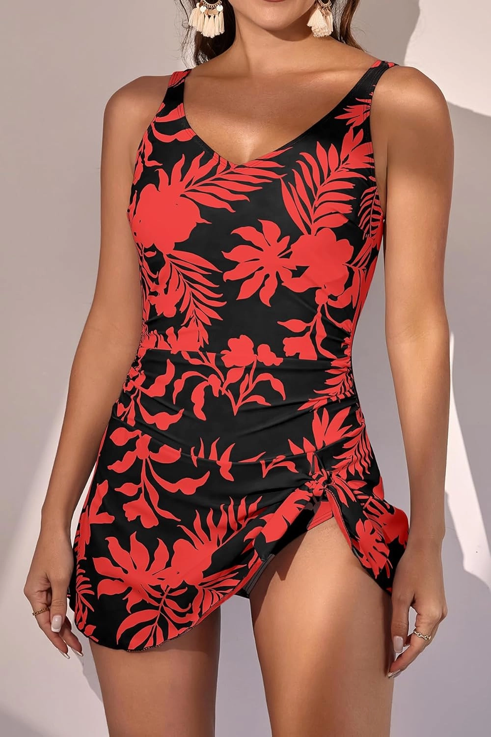 One Piece Swim Dress Swimsuits for Women Tummy Control Swimdress Skirt V Neck Bathing Suit