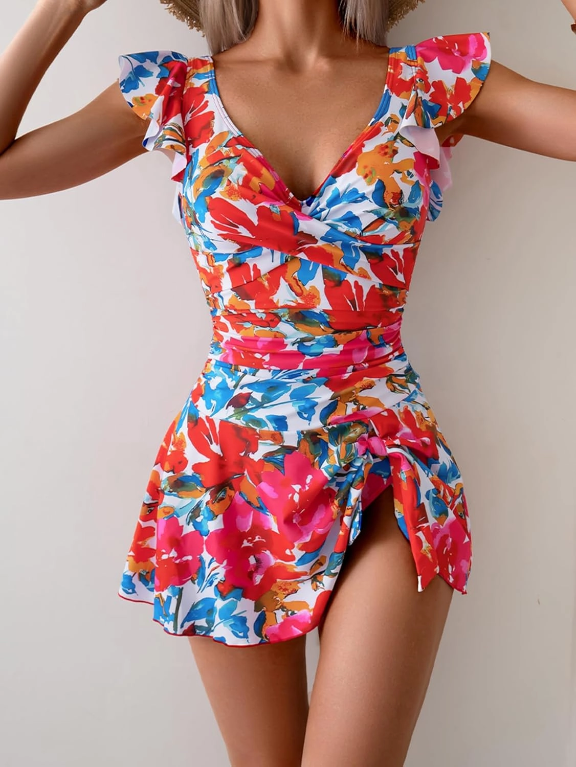 One Piece Swimdress Tummy Control Ruffle Swimsuit for Women Tie Knot Swim Dresses V Neck Bathing Suit Skirt