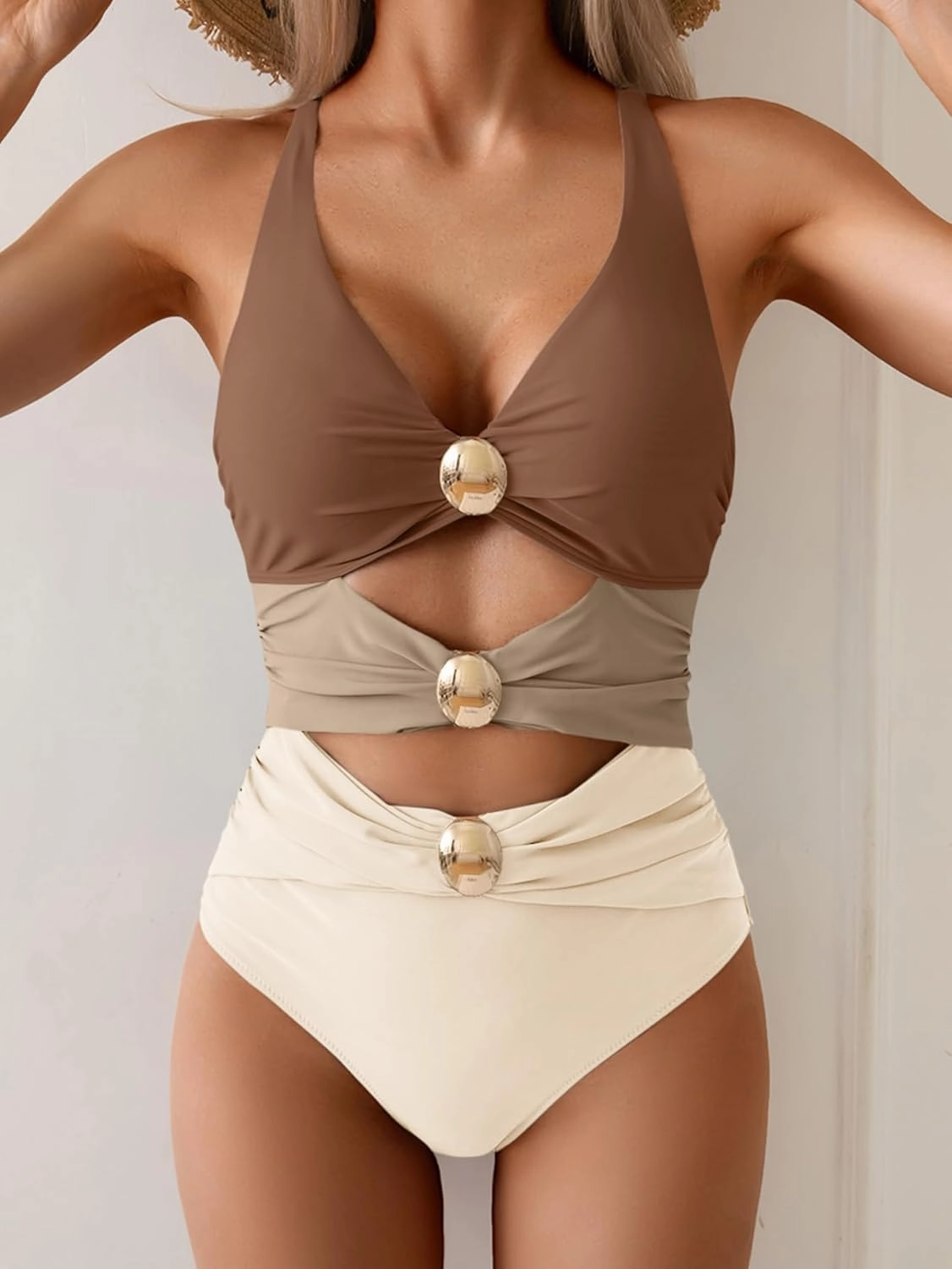 One Piece Swimsuit for Women Cutout Monokini Color Block Bathing Suit V Neck Sexy Swim Suit
