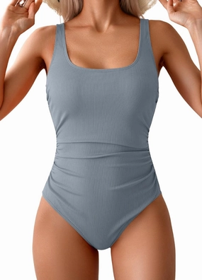 One Piece Swimsuit for Women Ribbed Tummy Control Bathing Suit Ruched Swim Suit Slimming Swimwear