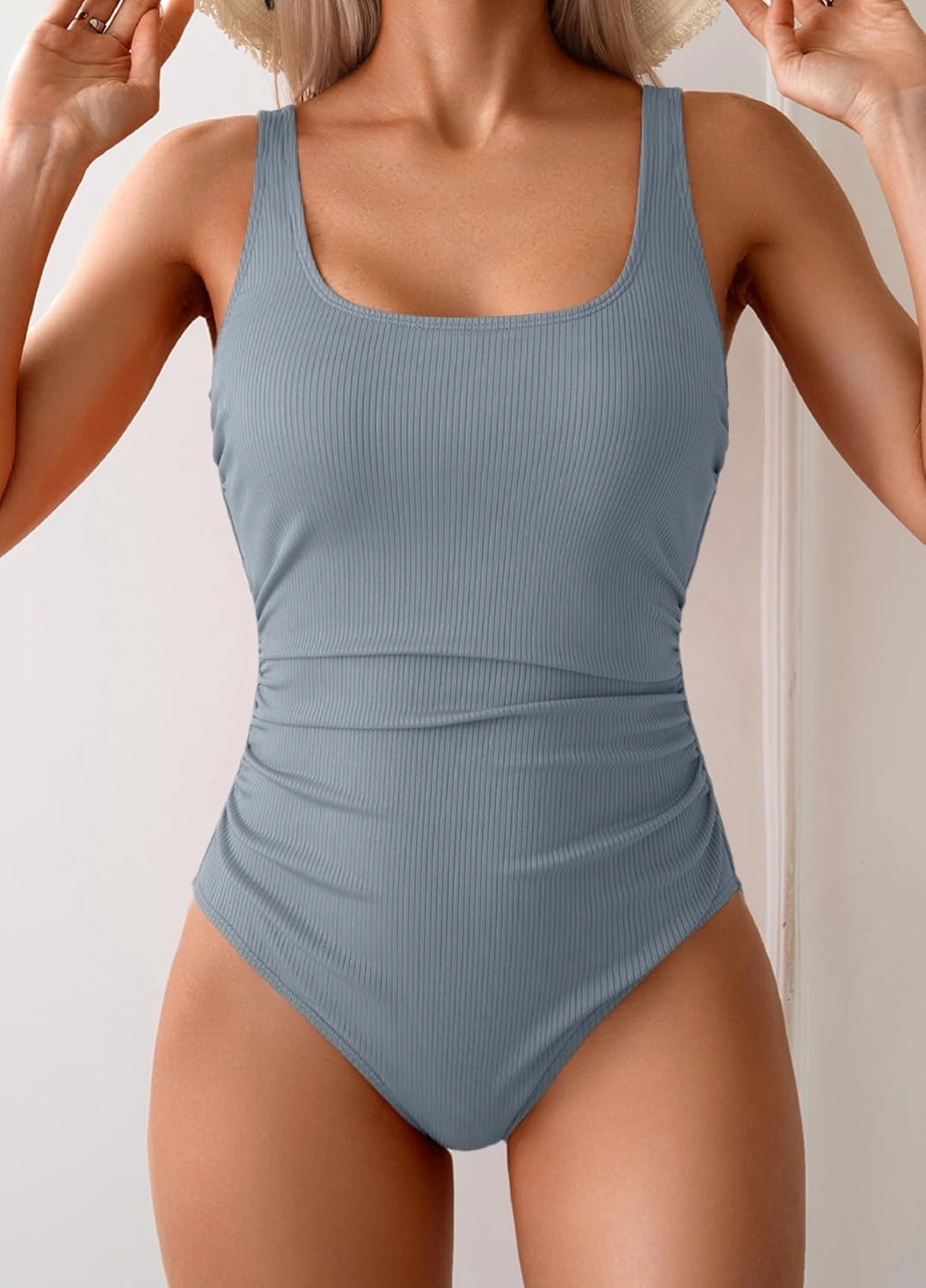 One Piece Swimsuit for Women Ribbed Tummy Control Bathing Suit Ruched Swim Suit Slimming Swimwear