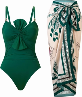One Piece Swimsuit for Women with Cover Up Set Retro Bathing Suit Tummy Control Knot Swimwear Beach Wrap Skirt