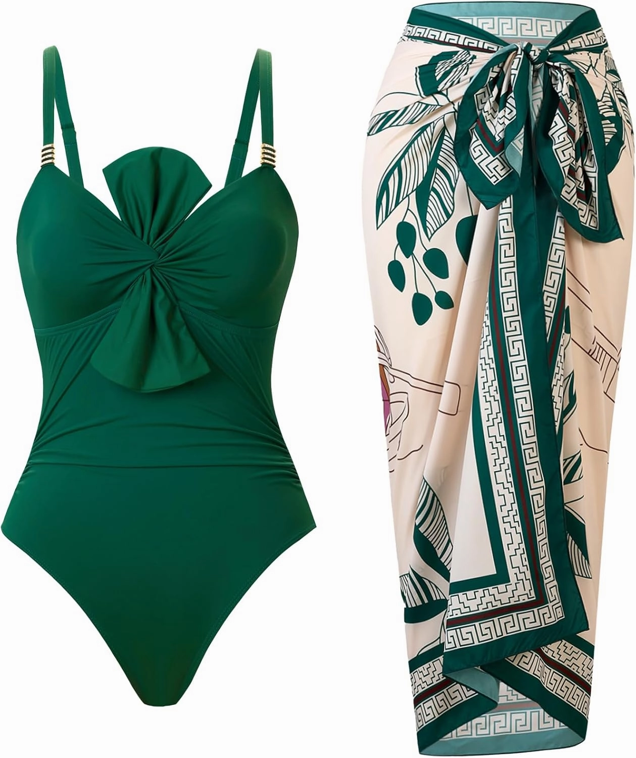 One Piece Swimsuit for Women with Cover Up Set Retro Bathing Suit Tummy Control Knot Swimwear Beach Wrap Skirt