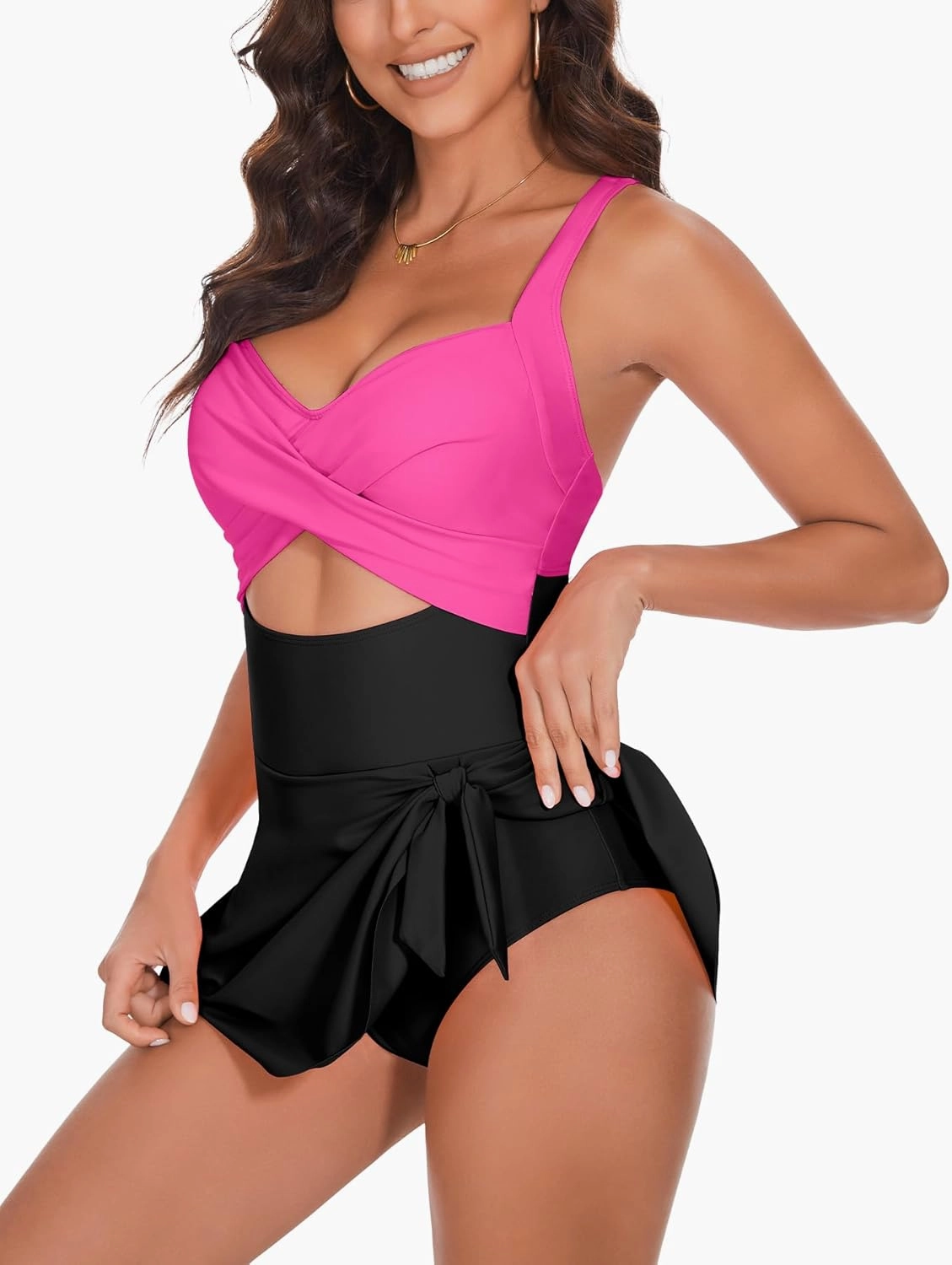 One Piece Swimsuit Women Tummy Control Swim Dress Sexy Criss Cross Tie Back Bathing Suit