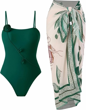 One Piece Swimsuit Women with Cover Up Set Retro Bathing Suit for Women Tummy Control Beach Wrap Skirt