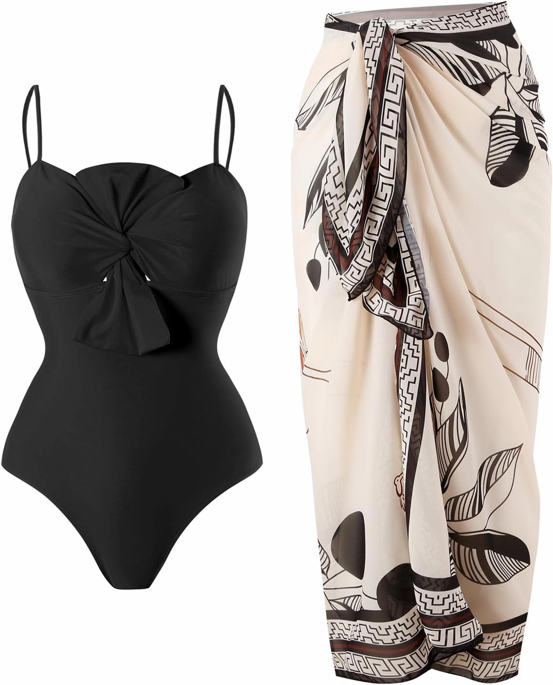 One Piece Swimsuit Women with Cover Up Set Retro Bathing Suit for Women Tummy Control Beach Wrap Skirt