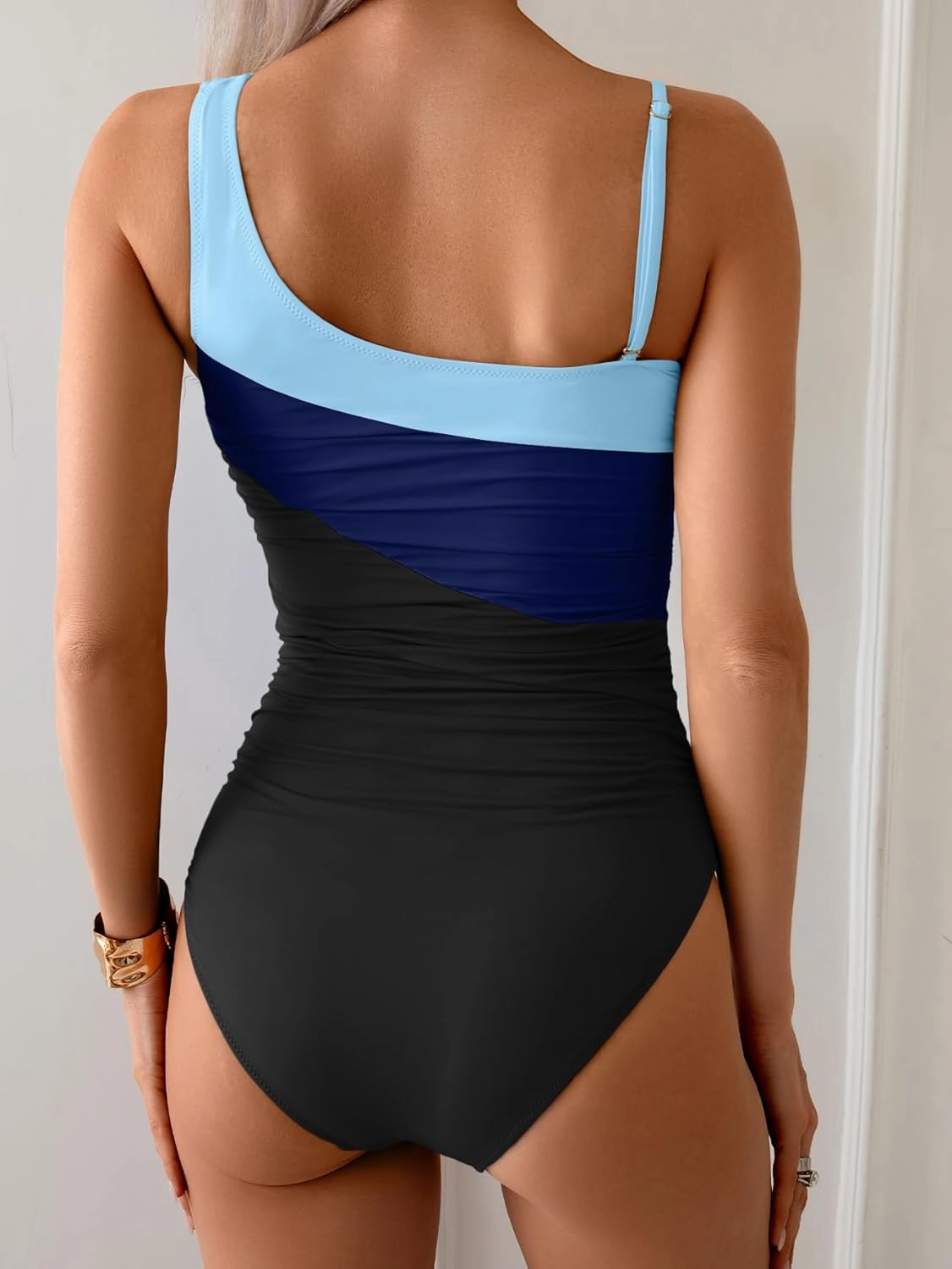 One Shoulder One Piece Swimsuit for Women Tummy Control Bathing Suits Color Block Ruched Swim Suit Slimming Swimwear