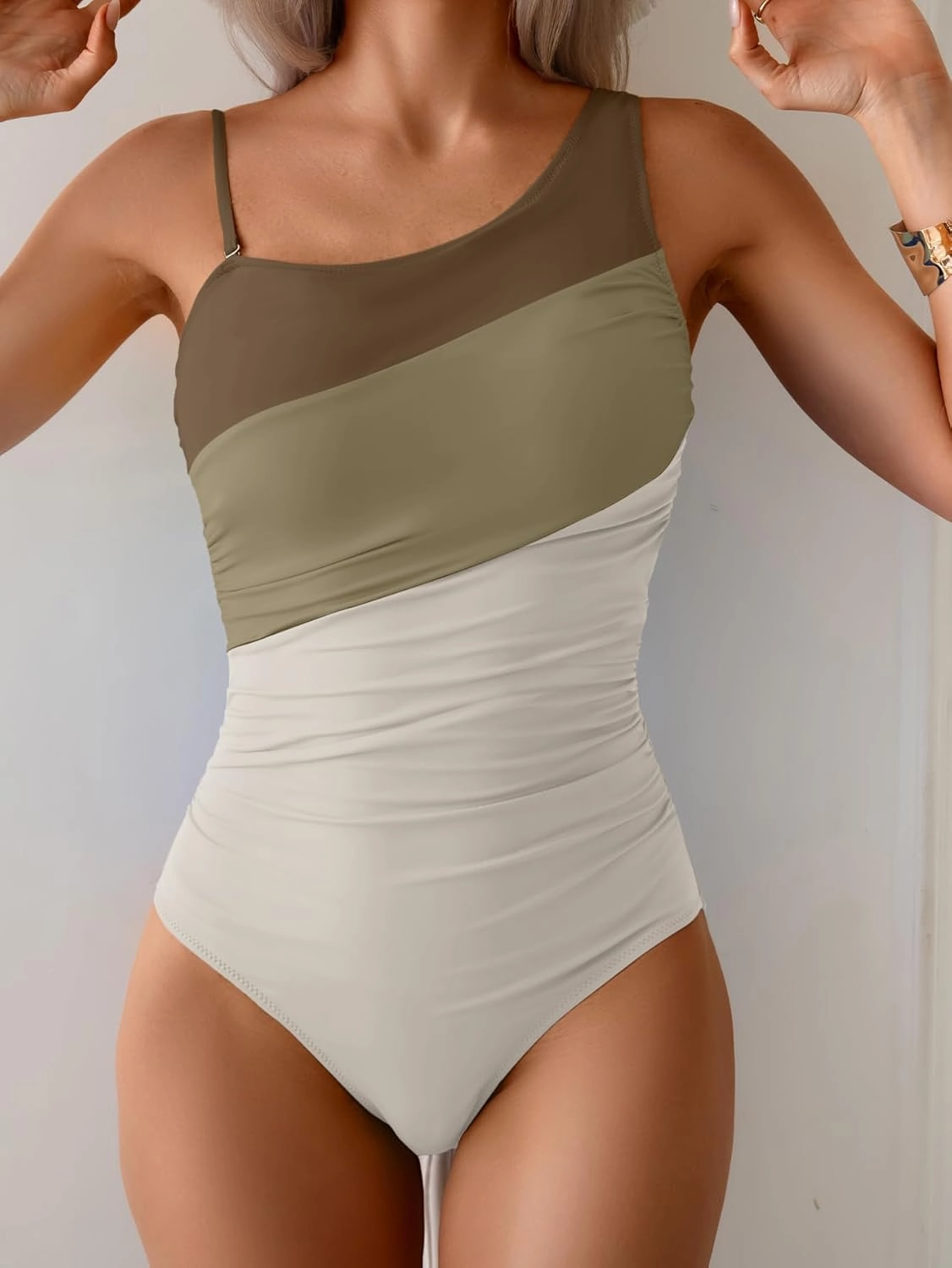 One Shoulder One Piece Swimsuit for Women Tummy Control Bathing Suits Color Block Ruched Swim Suit Slimming Swimwear
