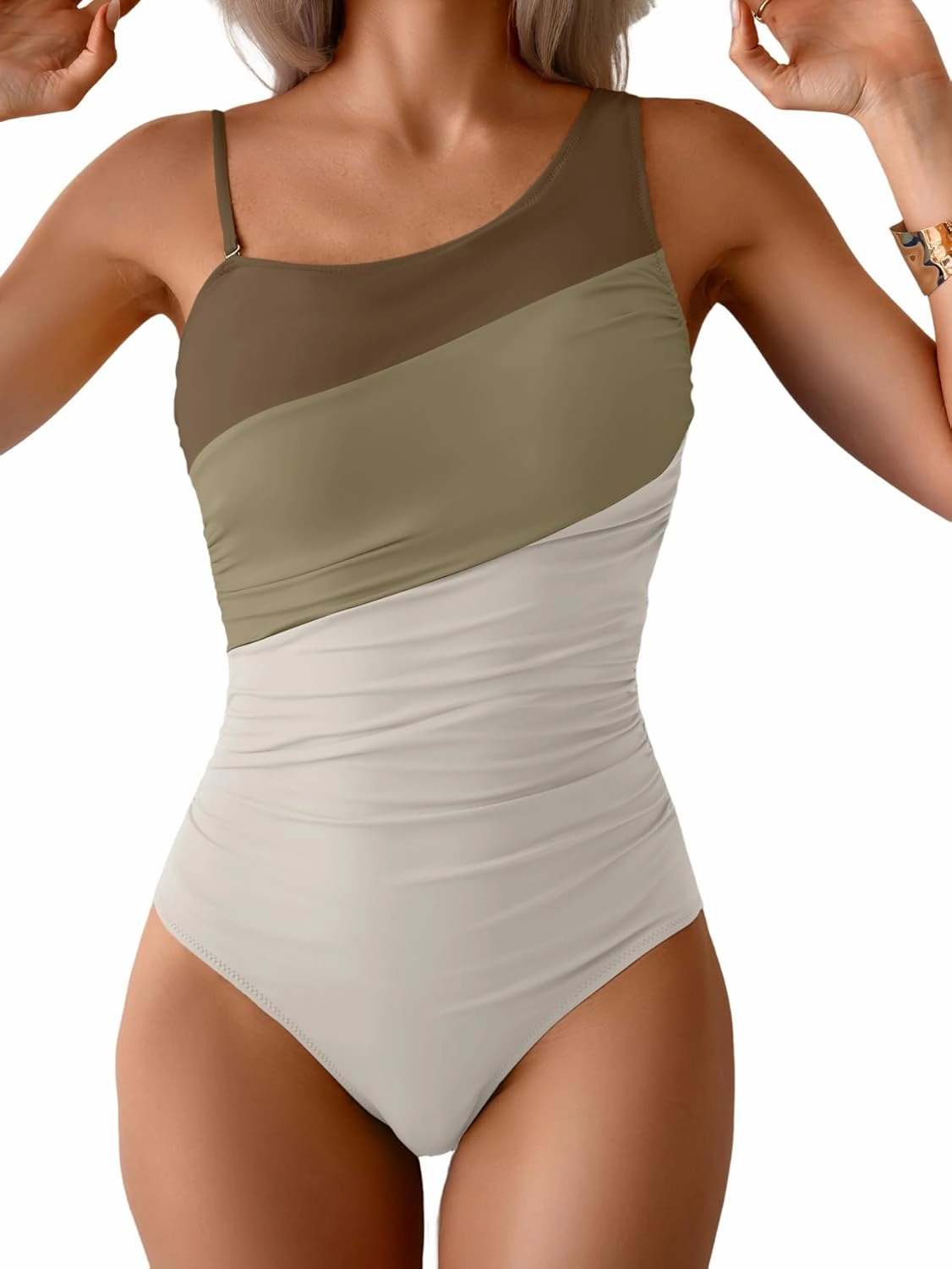 One Shoulder One Piece Swimsuit for Women Tummy Control Bathing Suits Color Block Ruched Swim Suit Slimming Swimwear