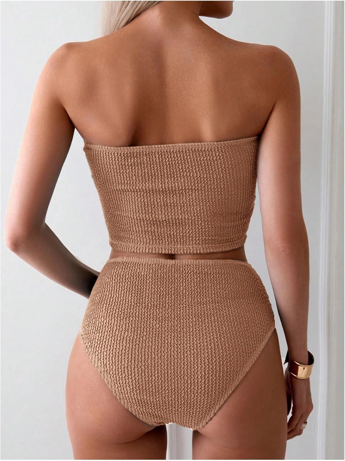 OYOANGLE Women's 2 Piece Strapless Swimsuit High Waisted Smocked Bandeau Bathing Suit
