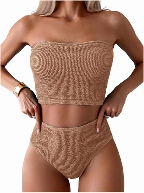 OYOANGLE Women's 2 Piece Strapless Swimsuit High Waisted Smocked Bandeau Bathing Suit