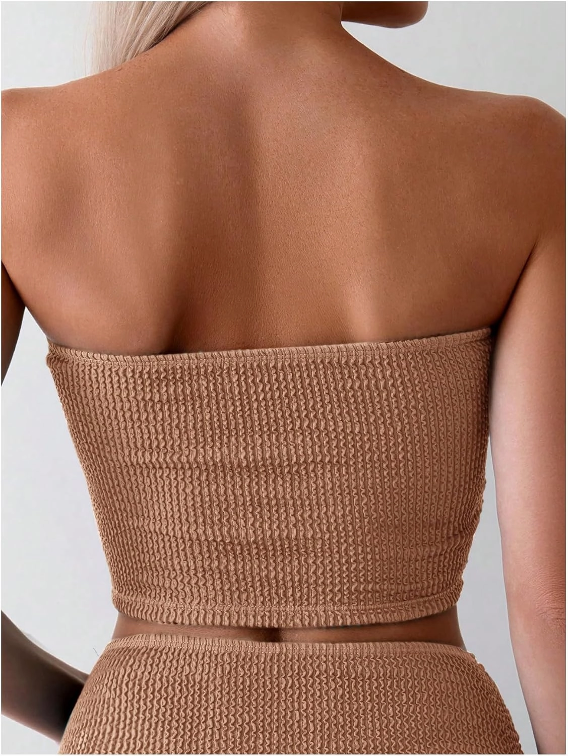 OYOANGLE Women's 2 Piece Strapless Swimsuit High Waisted Smocked Bandeau Bathing Suit