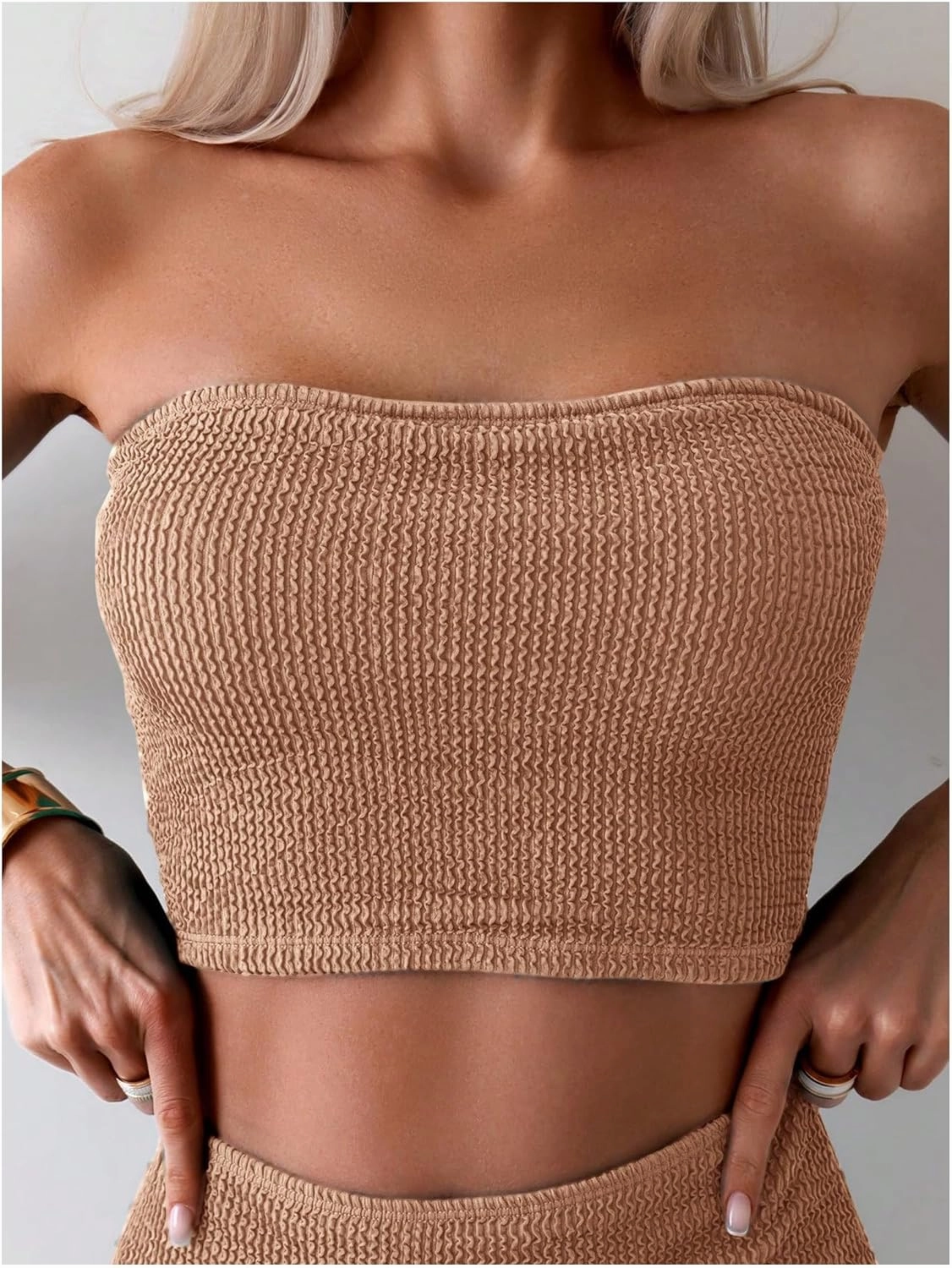 OYOANGLE Women's 2 Piece Strapless Swimsuit High Waisted Smocked Bandeau Bathing Suit