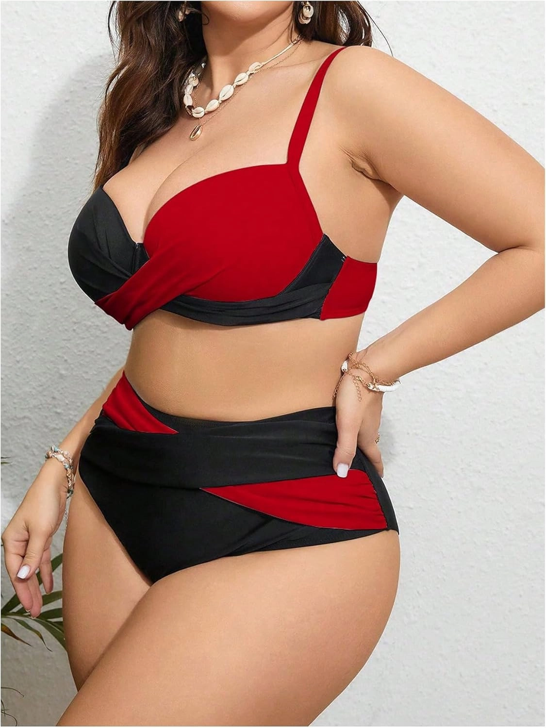 OYOANGLE Women's Plus Size Color Block Bikini Sets High Waisted Swimsuit Two Piece Push Up Bathing Suits