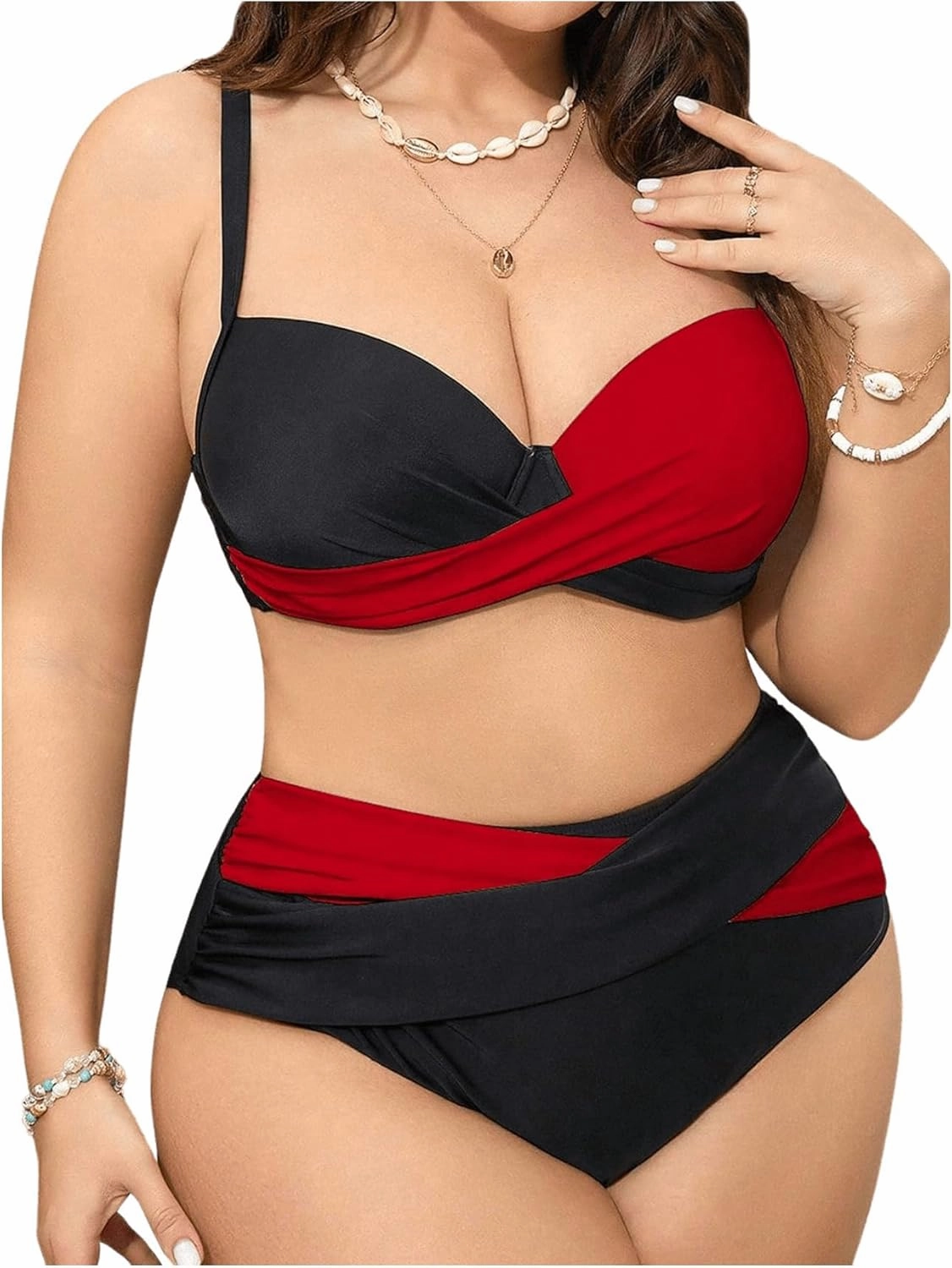 OYOANGLE Women's Plus Size Color Block Bikini Sets High Waisted Swimsuit Two Piece Push Up Bathing Suits