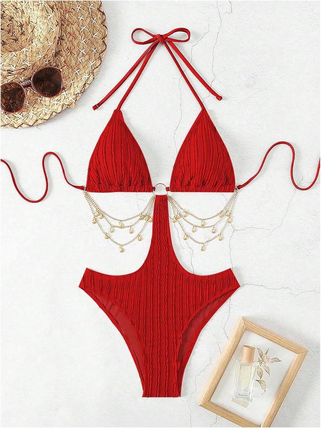 OYOANGLE Women's Ring Linked Cut Out One Piece Swimsuits Textured Tie Backless Halter Bathing Suit Monokini
