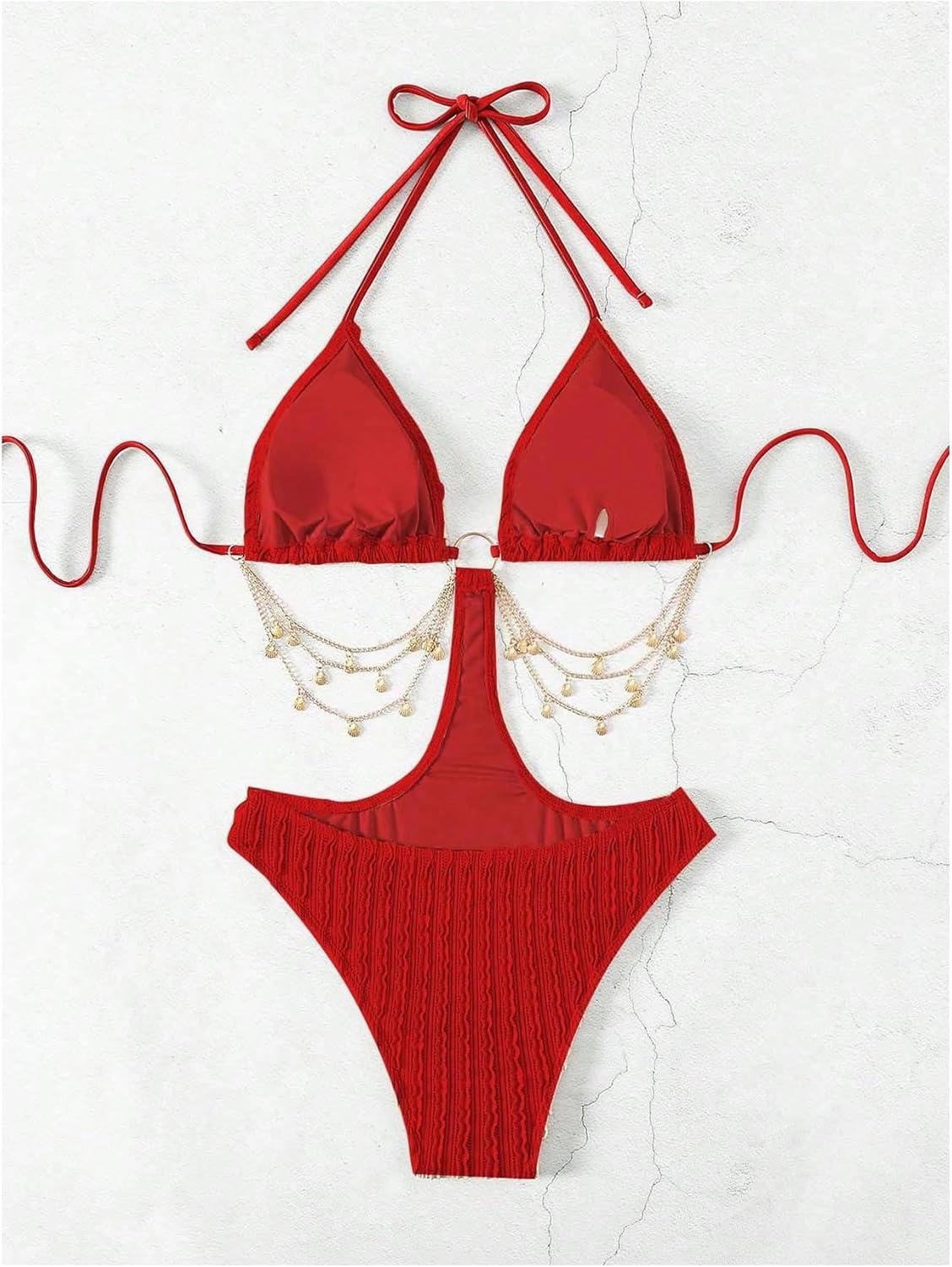 OYOANGLE Women's Ring Linked Cut Out One Piece Swimsuits Textured Tie Backless Halter Bathing Suit Monokini
